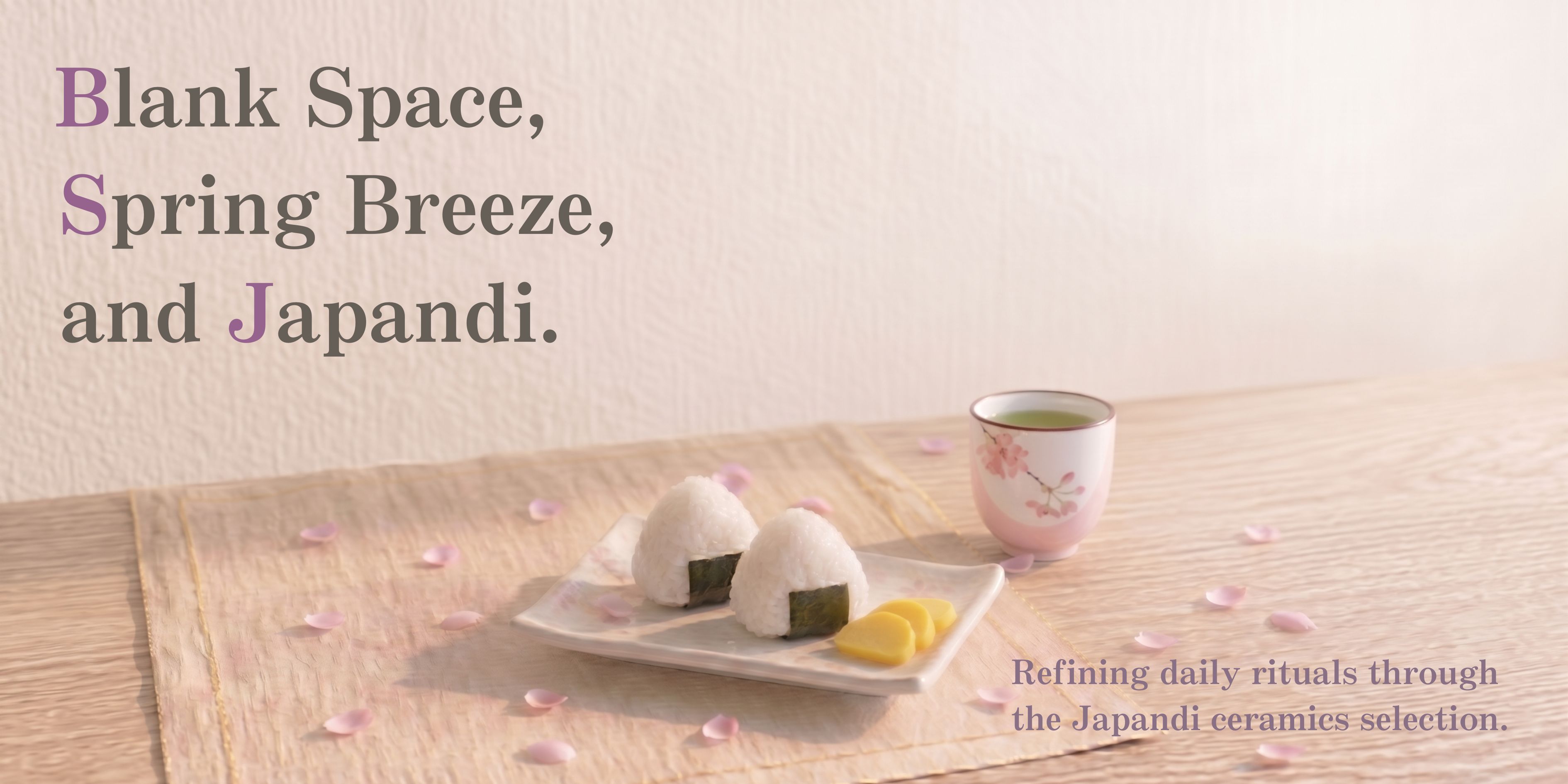 "Minimalist Japandi-style table setting with a pale pink tea cup, a cherry blossom-shaped wagashi on a rectangular ceramic plate, and a single sprig of sakura in a rustic vase on a wooden table."