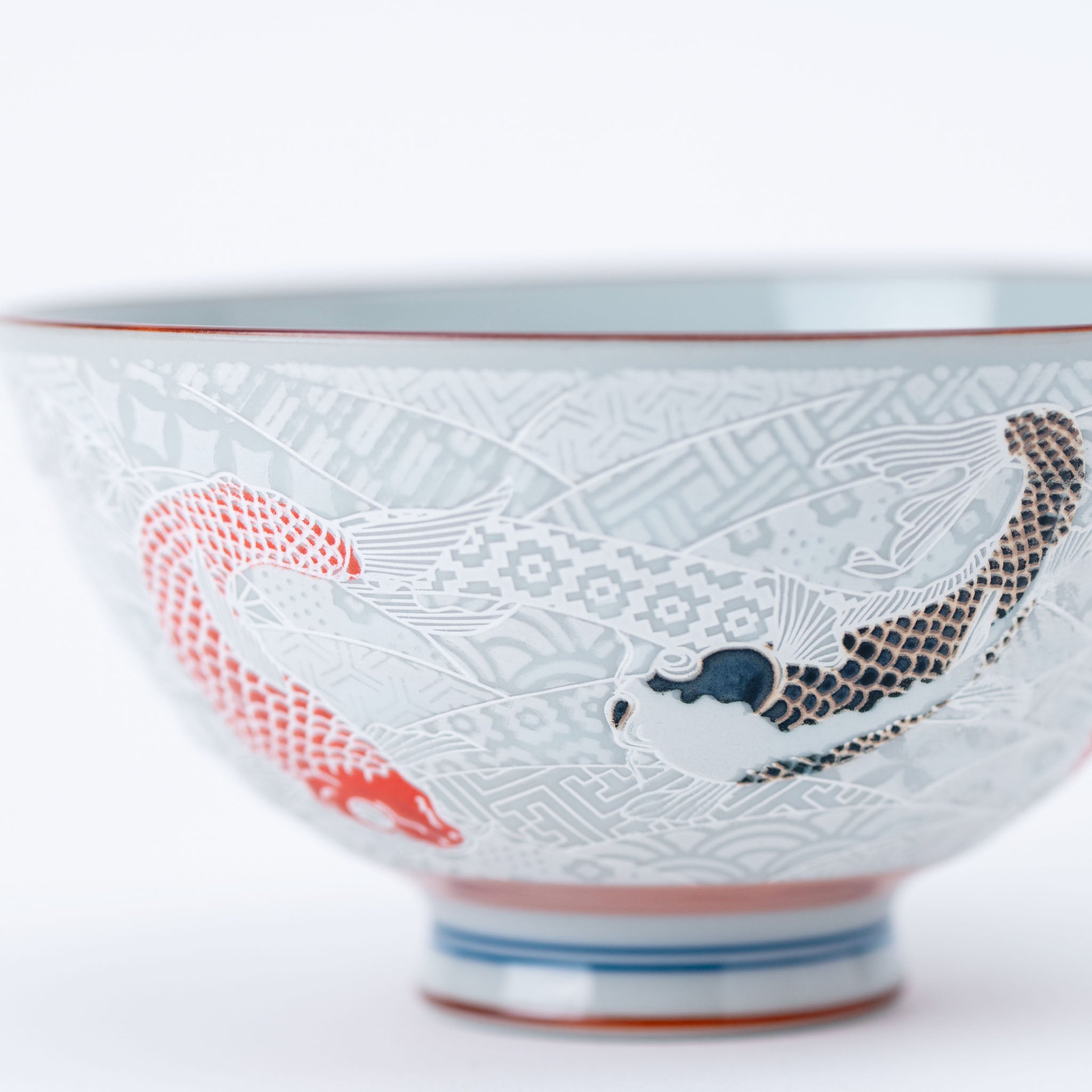 Red and Black Japanese Koi Rice Bowl