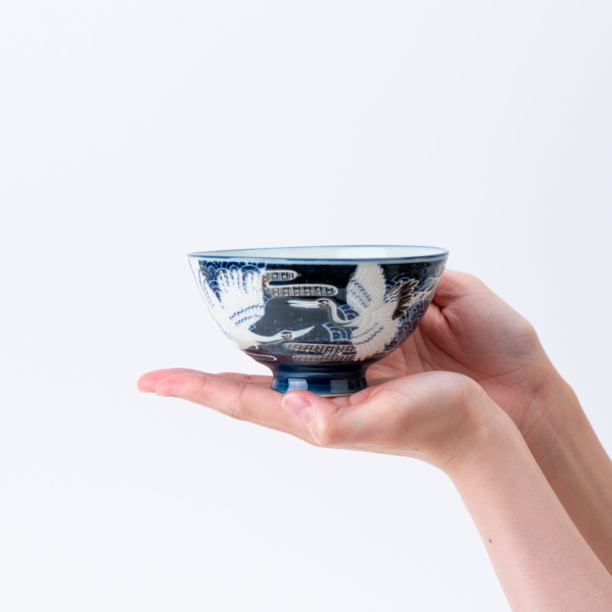 Japanese Tsuru Crane Blue Rice Bowl