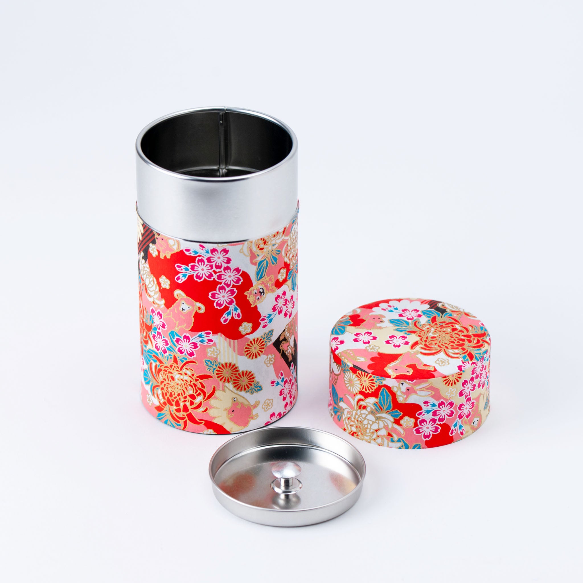 Vivid Pink Blossom and Eto Animals Tea Canister