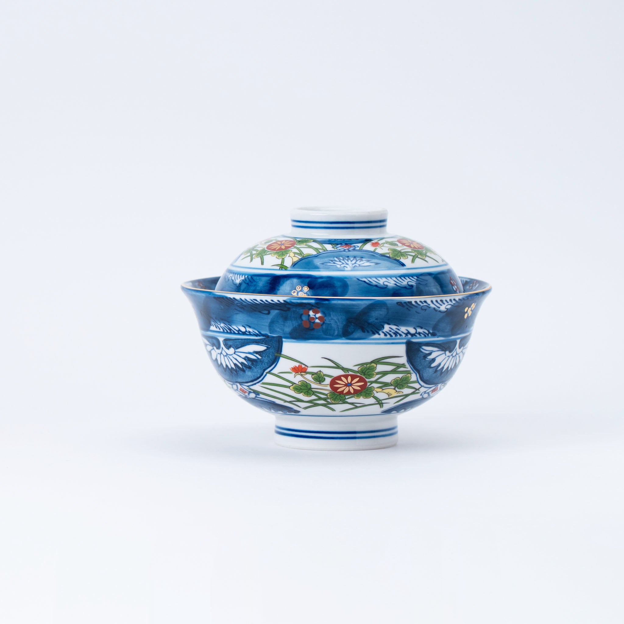 Lidded Bowl with Cranes and Floral Motif