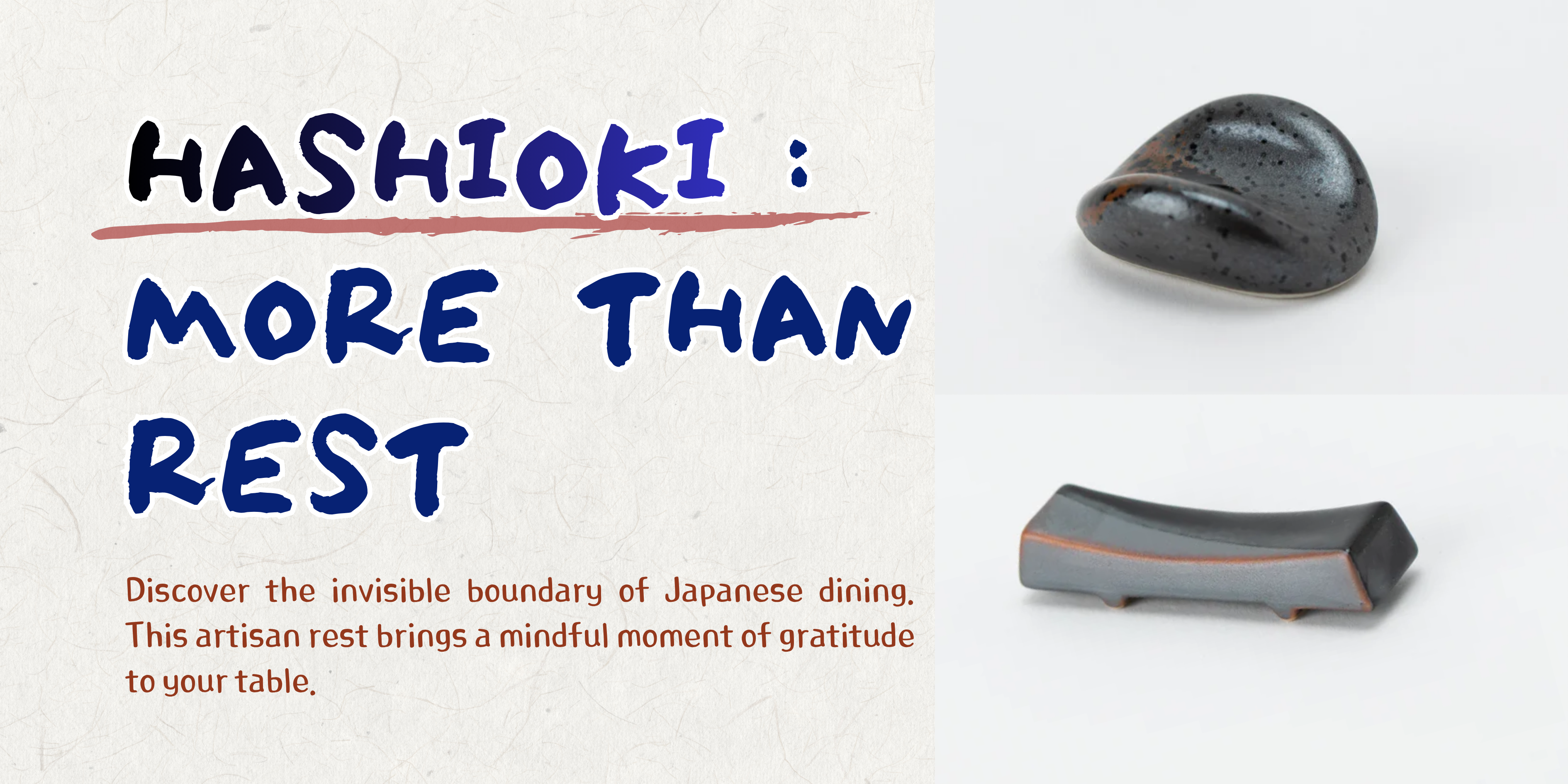 "A collection of beautiful handmade Japanese chopstick rests featuring cherry blossom, Tenmoku glaze, Black Oribe, and red chrysanthemum designs. A traditional Japanese table setting."