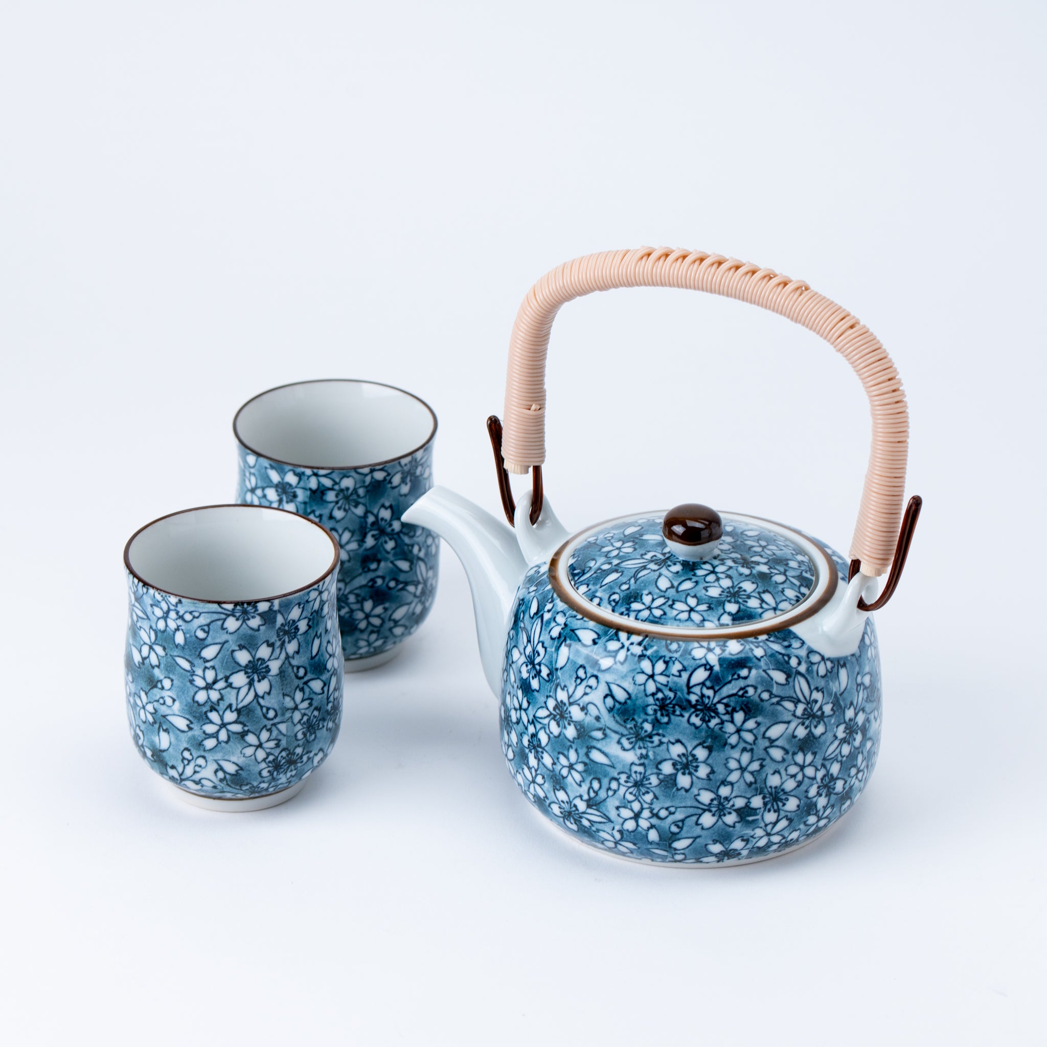 Indigo Sakura Teapot (with Tea Strainer) and Yunomi Teacup Set