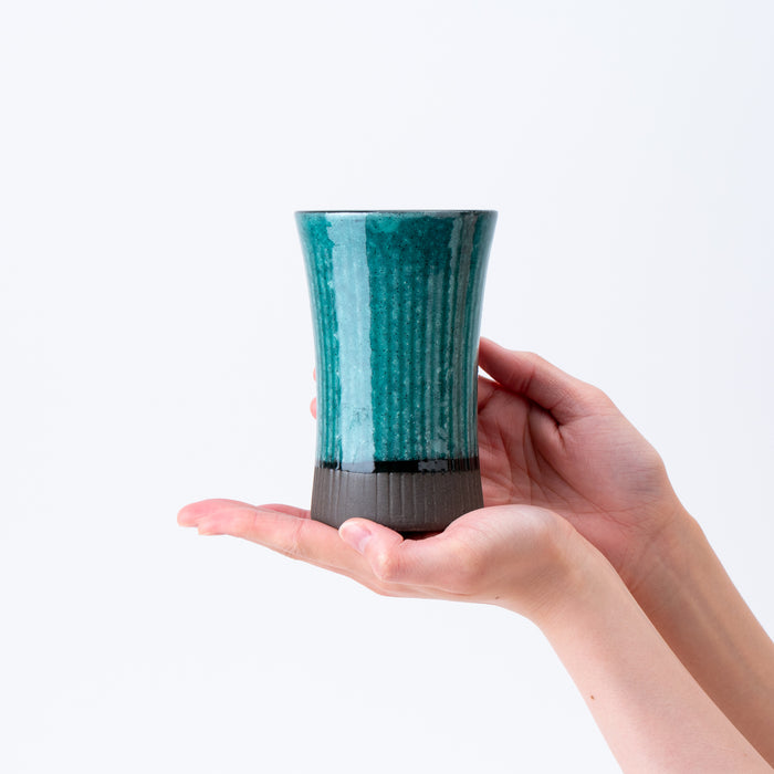 Deep Verdant Glaze Free Cup with fine vertical grooves and a forest-inspired emerald gradient, blending Japanese tradition with modern versatility.